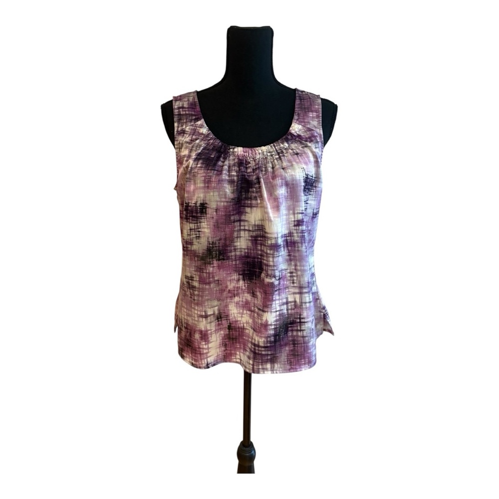 Chico's sleeveless top with a purple, grey, and white abstract pattern.